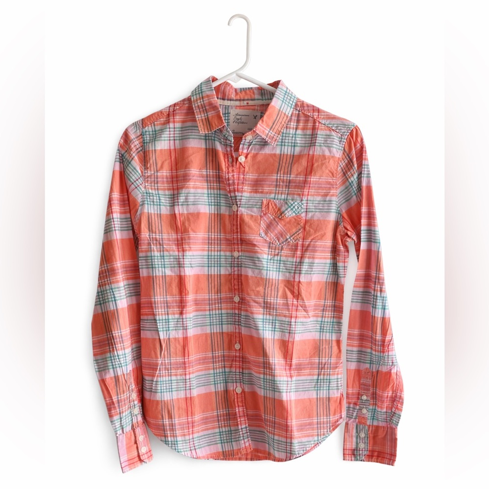American Eagle Outfitters Orange and White Checkered Shirt